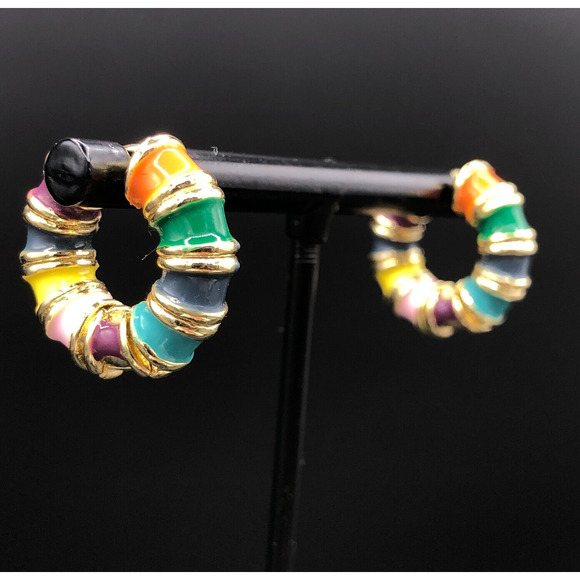 Rainbow Hoop Earrings Retro Multi Color Enamel Gold Tone 80s 90s Style Huggies - Picture 2 of 6